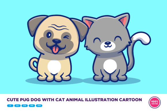 Download Cute Pug Dog and Cat Animal Illustration - Animal Collection